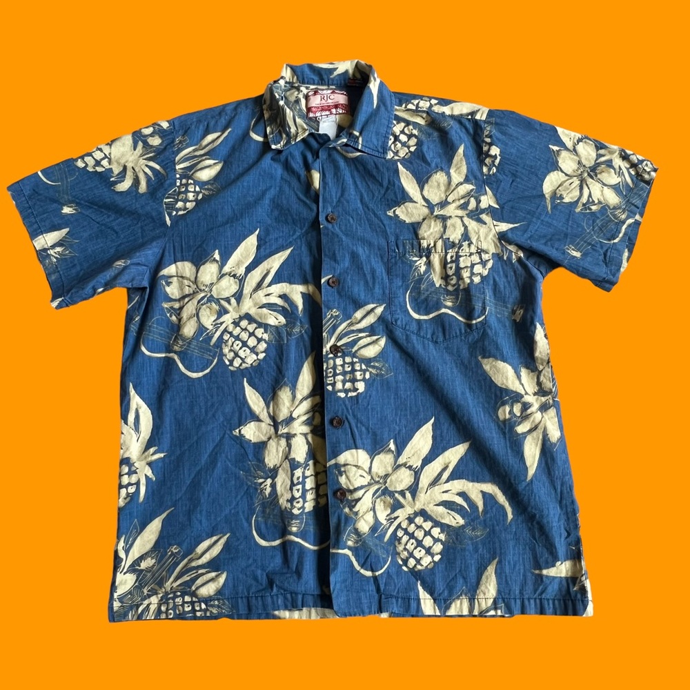 RJC Button Shirt Hawaiian Floral Print Blue 100% Cotton Men Size Large